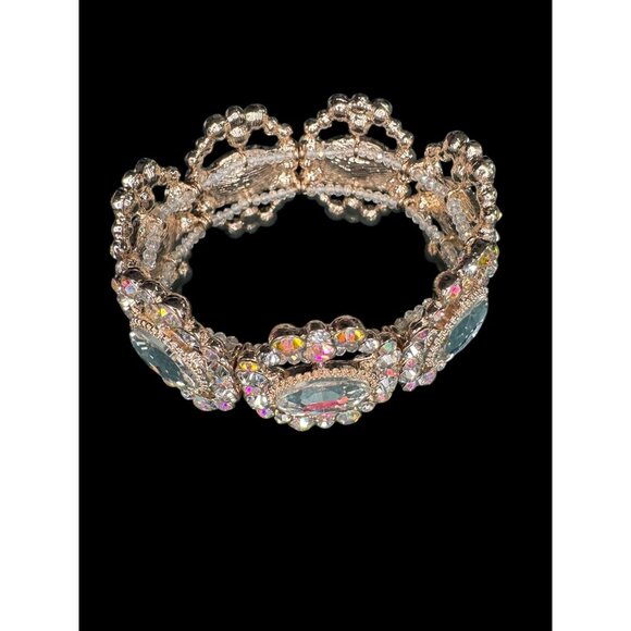 Vintage Gold-Tone Statement Bracelet With Oval Cut Crystal & Iridescent Rhinesto - Picture 3 of 8